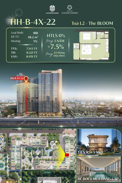 (HOT) Bán căn hộ  1 ngủ +1 đa năng 92m2 phía Tây tòa L1 Hanoi Seasons Garden giá từ 13 tỷ