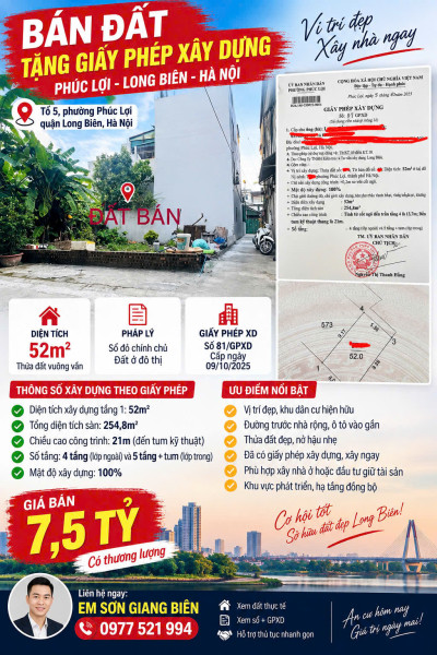 🔥 BÁN ĐẤT PHÚC lỢI TẶNG GIẤY PHÉP XÂY DỰNG LONG BIÊN 52M²  GIÁ 7,5 TỶ 🔥