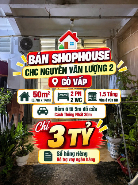 Bán Shophouse trệt 50m2 ,2PN Nguyễn Văn Lượng 2, Gò Vấp hẻm ô tô 3tỷ