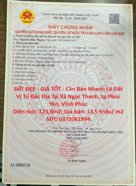ĐẤT ĐẸP - GIÁ TỐT - Cần Bán Nhanh Lô Đất Vị Trí Đắc Địa Tại Xã Ngọc Thanh, tp Phúc Yên, Vĩnh Phúc